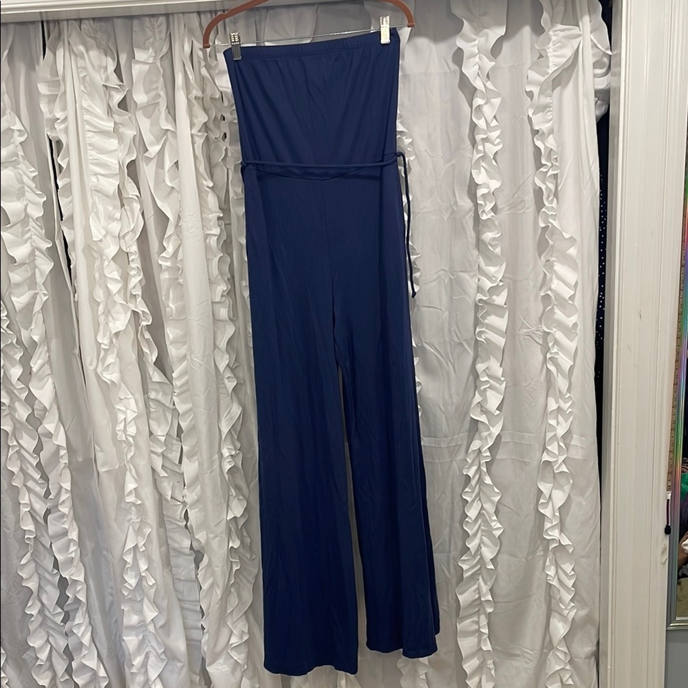 Go Couture Elegant Blue Women's strapless Jumpsuit Women's wide leg Jumpsuit med